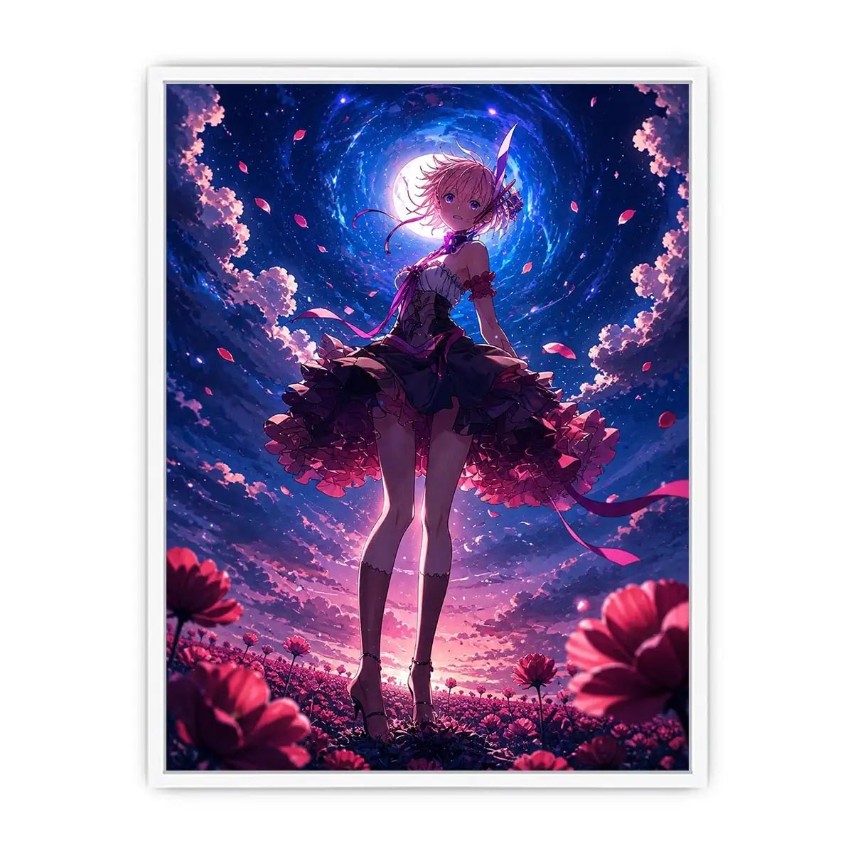 Anime fantasy girl standing in a glowing floral field under a celestial sky
