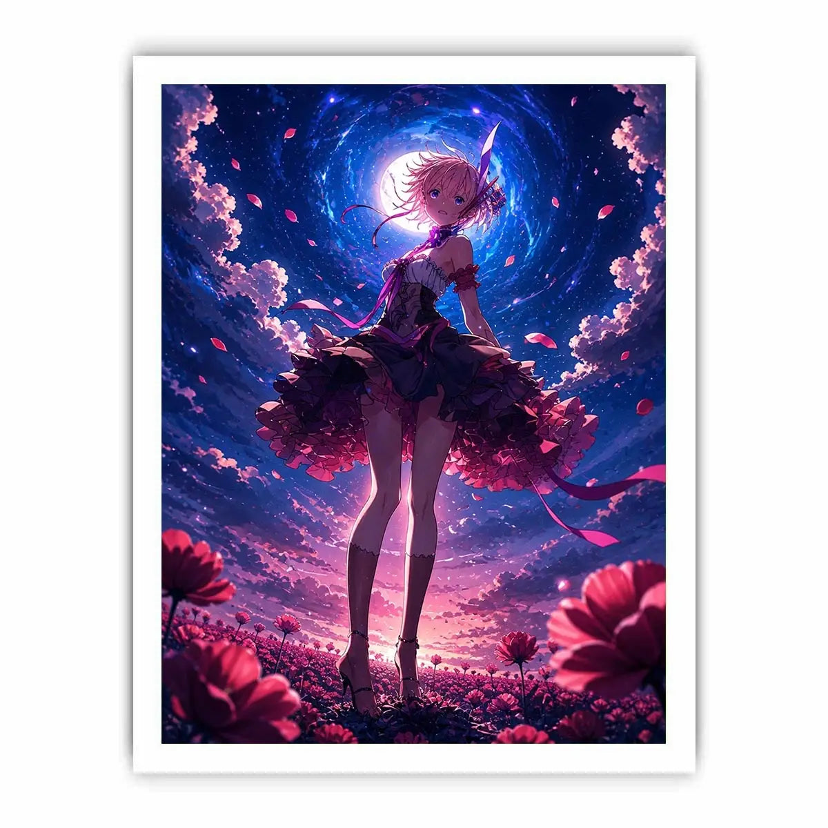 Anime fantasy girl standing in a glowing floral field under a celestial sky