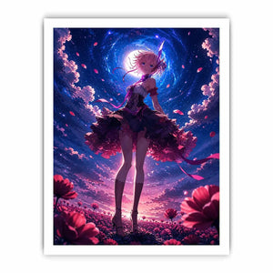 Anime fantasy girl standing in a glowing floral field under a celestial sky