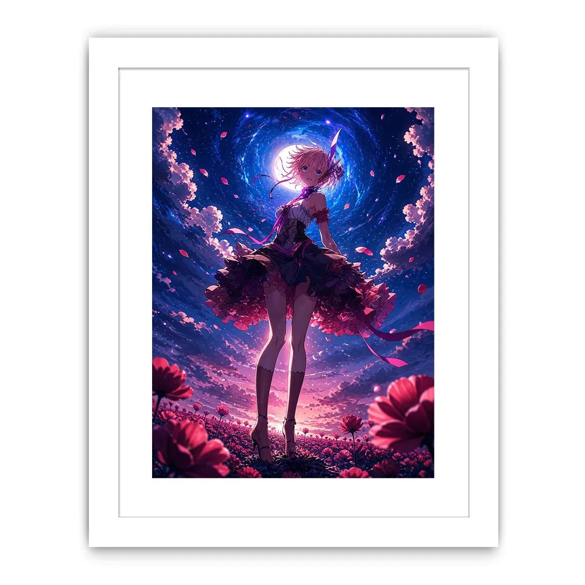 Anime fantasy girl standing in a glowing floral field under a celestial sky