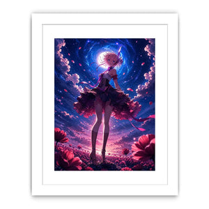 Anime fantasy girl standing in a glowing floral field under a celestial sky