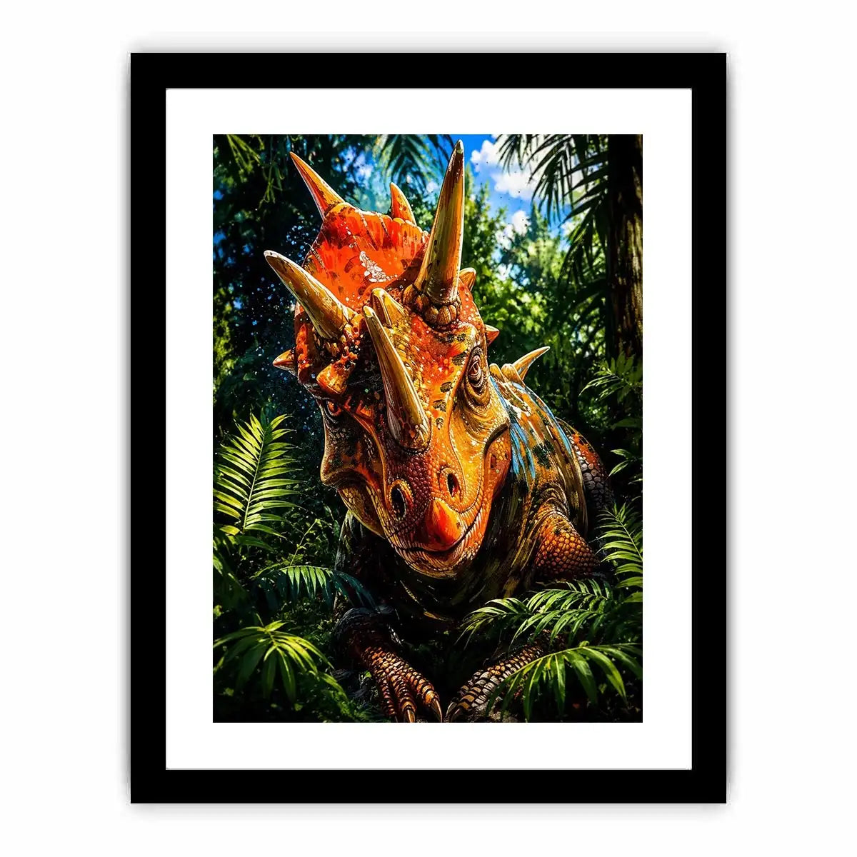 Vibrant triceratops dinosaur wall art with dramatic jungle foliage and bold cinematic colors in modern fantasy illustration style