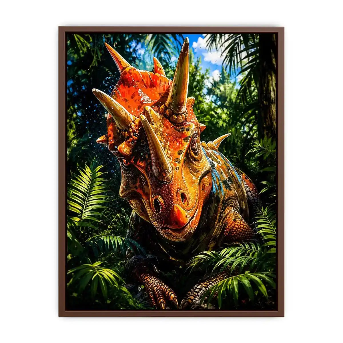 Vibrant triceratops dinosaur wall art with dramatic jungle foliage and bold cinematic colors in modern fantasy illustration style