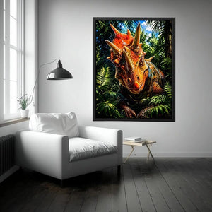 Vibrant triceratops dinosaur wall art with dramatic jungle foliage and bold cinematic colors in modern fantasy illustration style