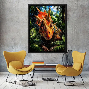Vibrant triceratops dinosaur wall art with dramatic jungle foliage and bold cinematic colors in modern fantasy illustration style