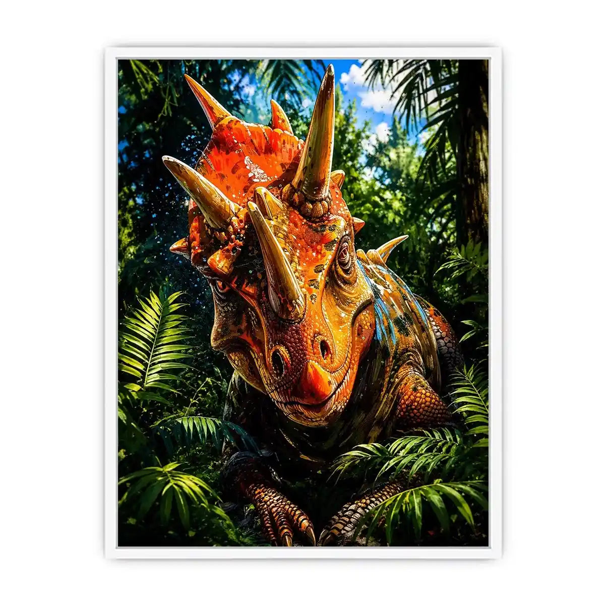 Vibrant triceratops dinosaur wall art with dramatic jungle foliage and bold cinematic colors in modern fantasy illustration style