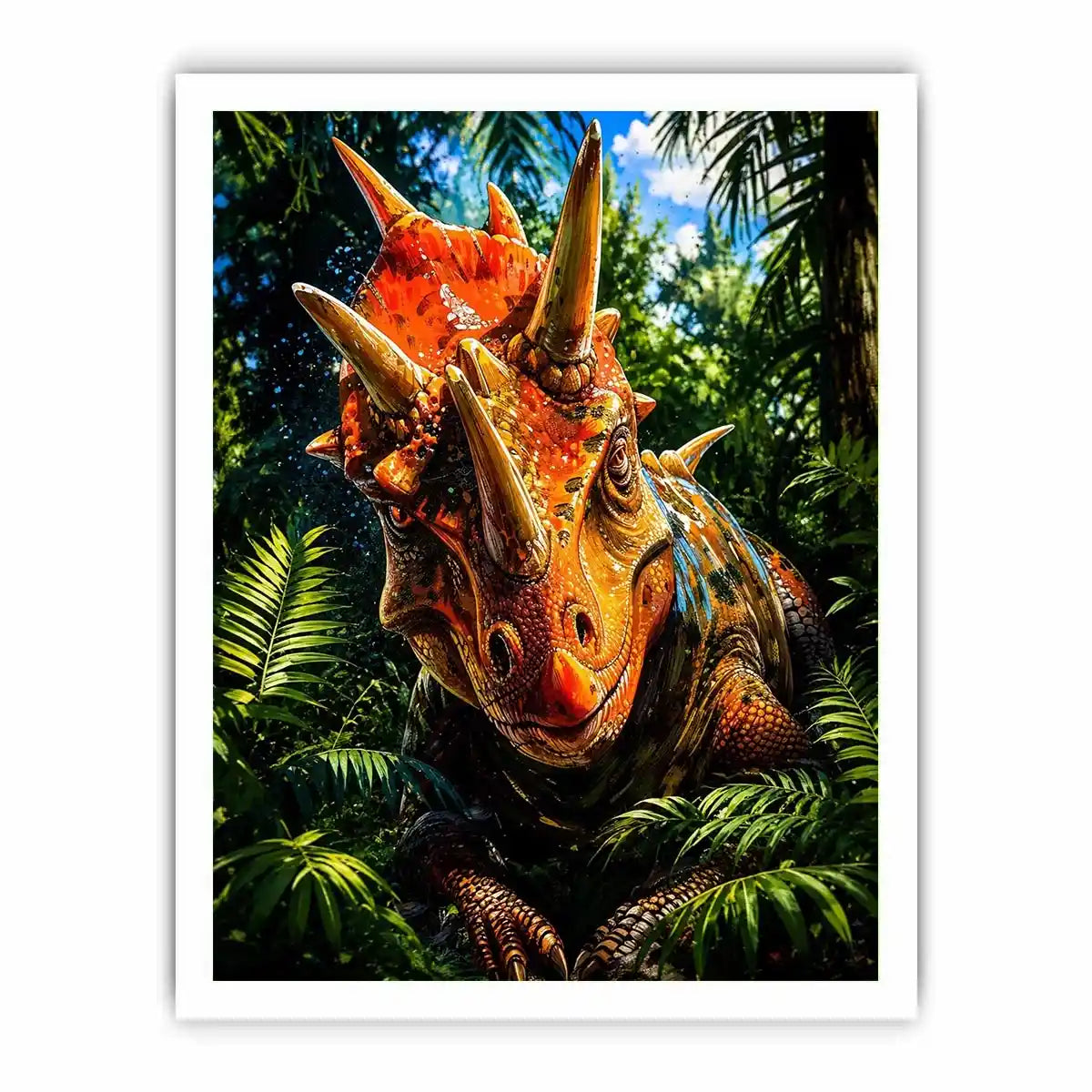 Vibrant triceratops dinosaur wall art with dramatic jungle foliage and bold cinematic colors in modern fantasy illustration style