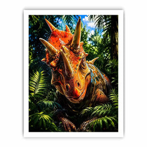 Vibrant triceratops dinosaur wall art with dramatic jungle foliage and bold cinematic colors in modern fantasy illustration style