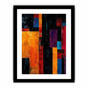 Bold geometric abstract wall art with vibrant orange blue red blocks and dark textured modern contemporary painting style