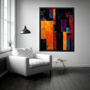 Bold geometric abstract wall art with vibrant orange blue red blocks and dark textured modern contemporary painting style