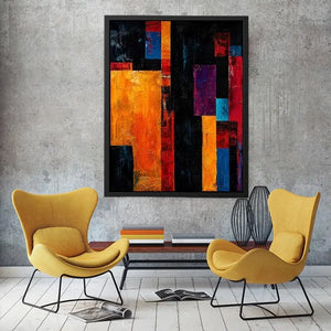 Bold geometric abstract wall art with vibrant orange blue red blocks and dark textured modern contemporary painting style