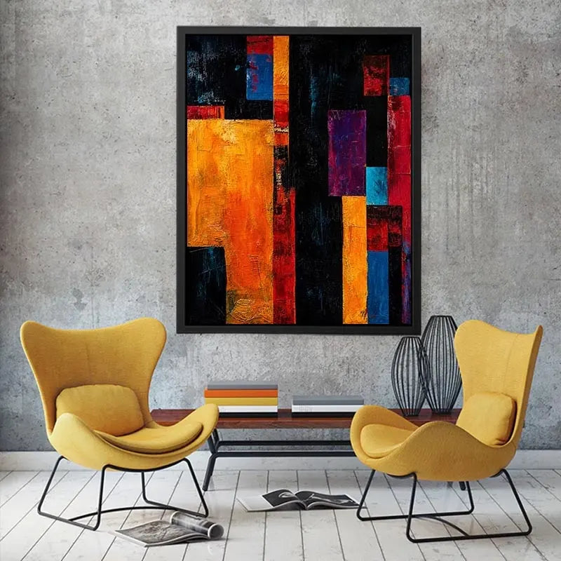 Bold geometric abstract wall art with vibrant orange blue red blocks and dark textured modern contemporary painting style