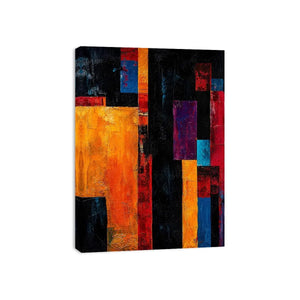 Bold geometric abstract wall art with vibrant orange blue red blocks and dark textured modern contemporary painting style