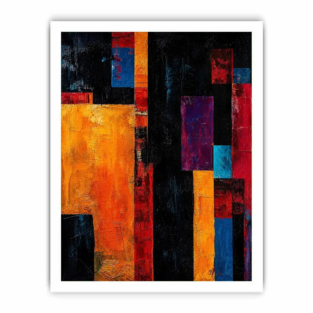 Bold geometric abstract wall art with vibrant orange blue red blocks and dark textured modern contemporary painting style