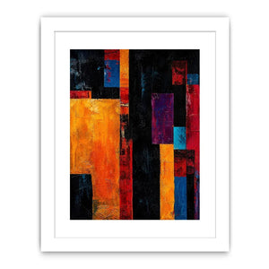 Bold geometric abstract wall art with vibrant orange blue red blocks and dark textured modern contemporary painting style