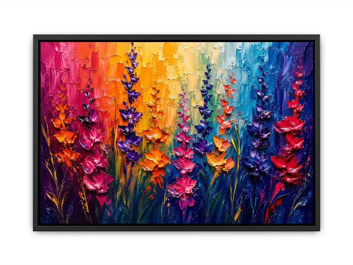 Vibrant abstract floral wall art with colorful textured flowers in pink purple orange and blue modern expressionist painting style