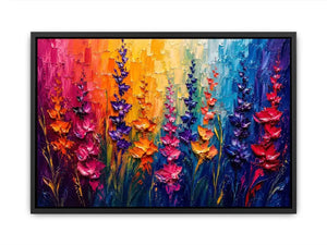 Vibrant abstract floral wall art with colorful textured flowers in pink purple orange and blue modern expressionist painting style