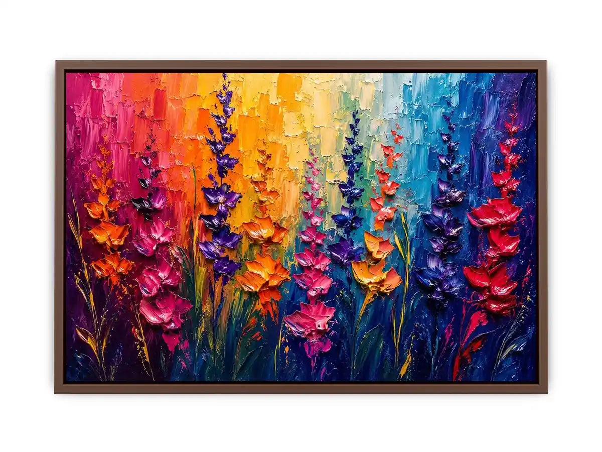 Vibrant abstract floral wall art with colorful textured flowers in pink purple orange and blue modern expressionist painting style