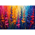 Vibrant abstract floral wall art with colorful textured flowers in pink purple orange and blue modern expressionist painting style
