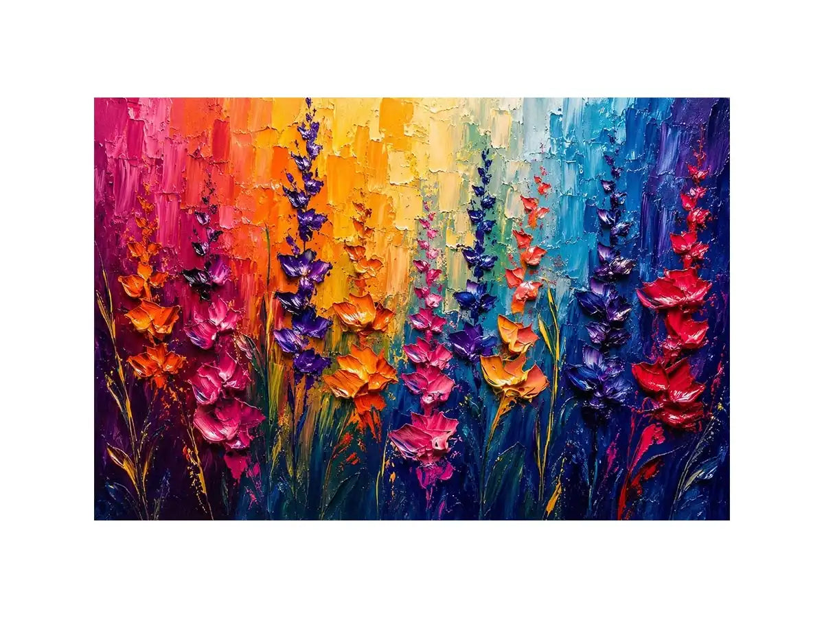 Vibrant abstract floral wall art with colorful textured flowers in pink purple orange and blue modern expressionist painting style