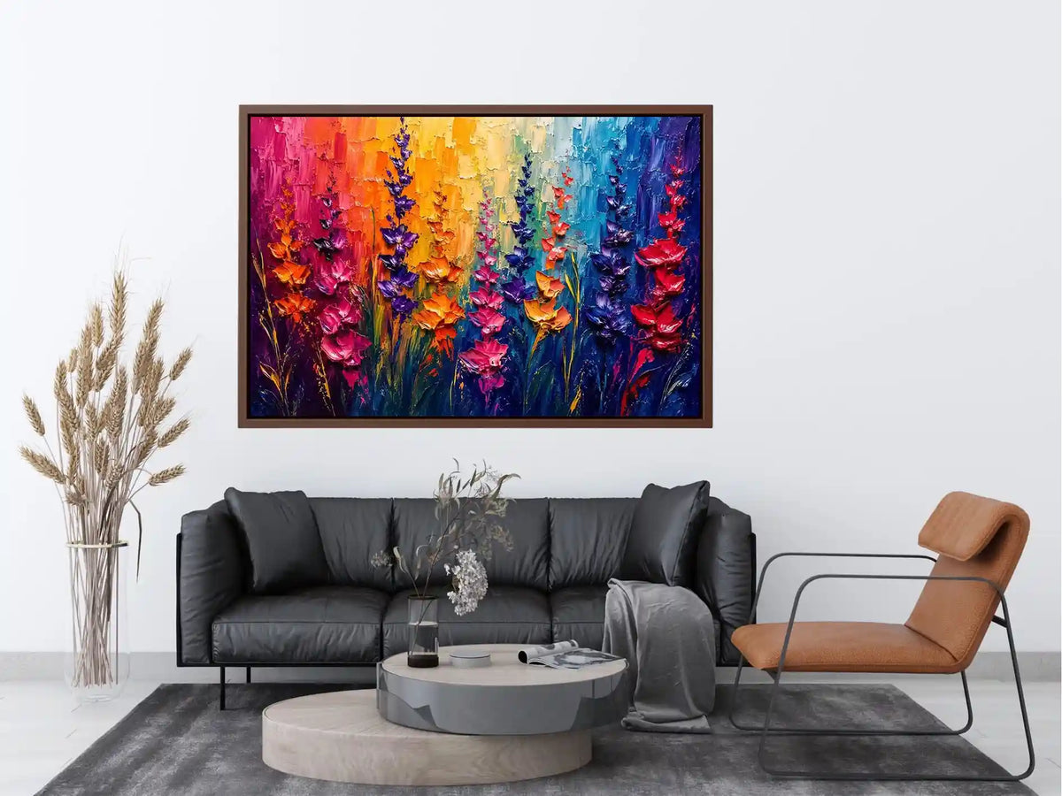 Vibrant abstract floral wall art with colorful textured flowers in pink purple orange and blue modern expressionist painting style