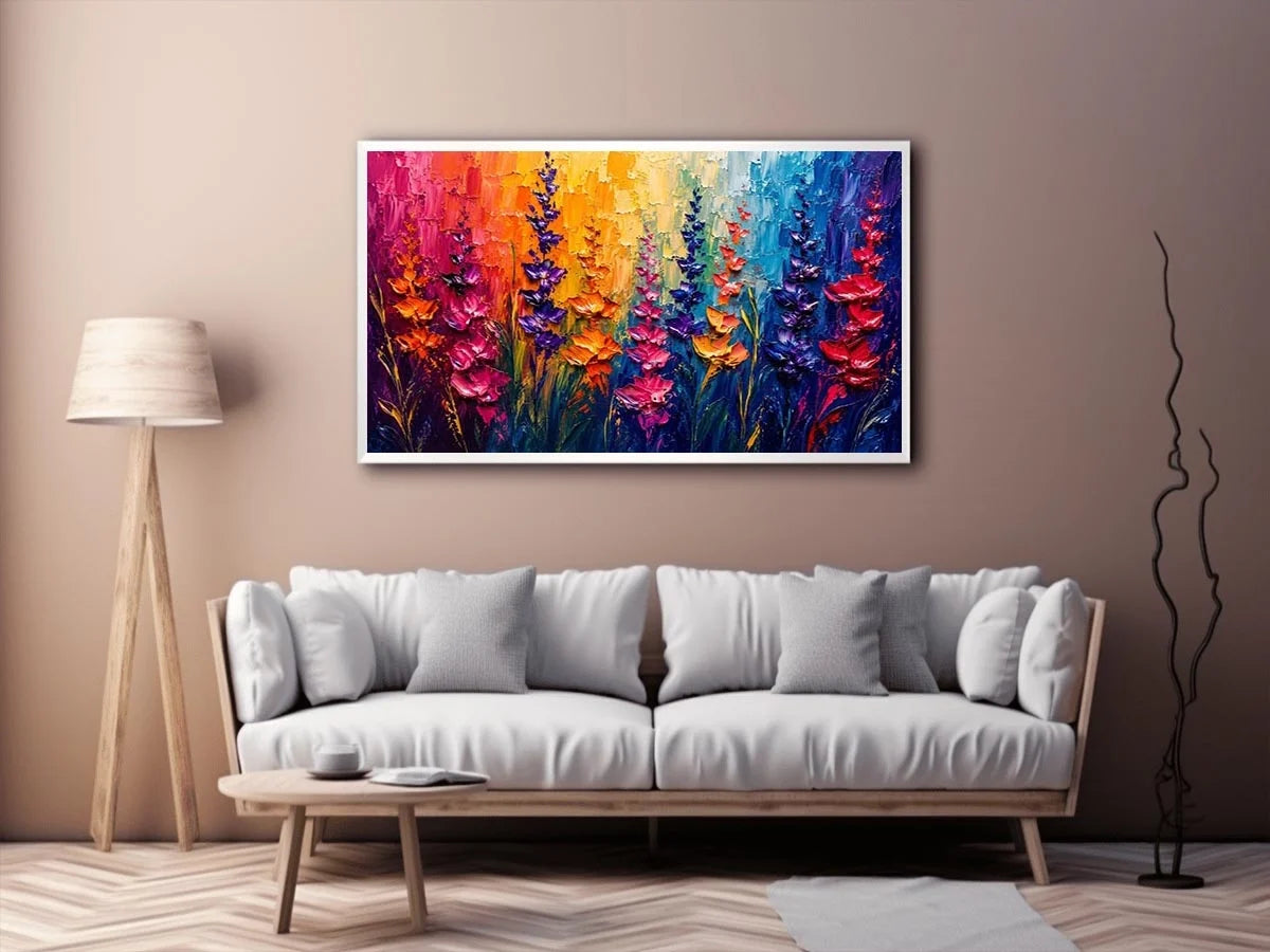 Vibrant abstract floral wall art with colorful textured flowers in pink purple orange and blue modern expressionist painting style