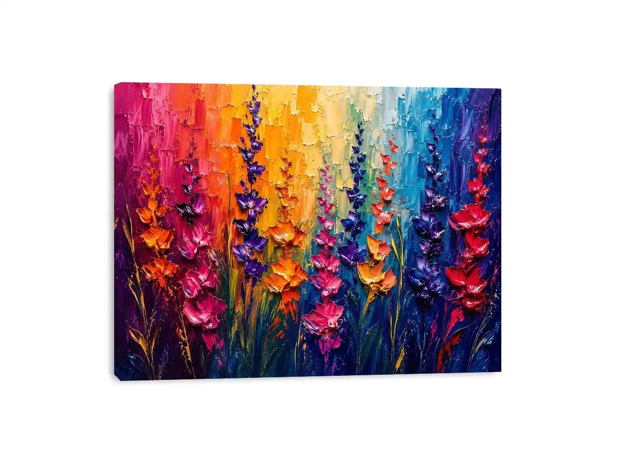 Vibrant abstract floral wall art with colorful textured flowers in pink purple orange and blue modern expressionist painting style