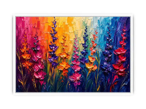 Vibrant abstract floral wall art with colorful textured flowers in pink purple orange and blue modern expressionist painting style