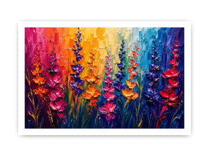 Vibrant abstract floral wall art with colorful textured flowers in pink purple orange and blue modern expressionist painting style
