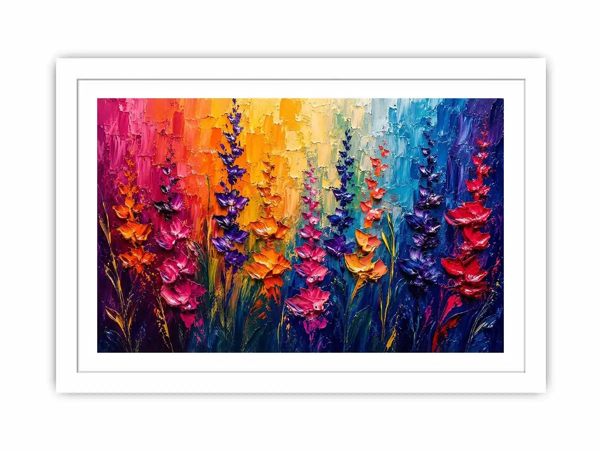 Vibrant abstract floral wall art with colorful textured flowers in pink purple orange and blue modern expressionist painting style