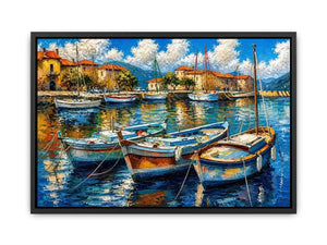Luxury coastal harbor wall art with colorful fishing boats and soft water reflections in modern impressionist seaside painting style