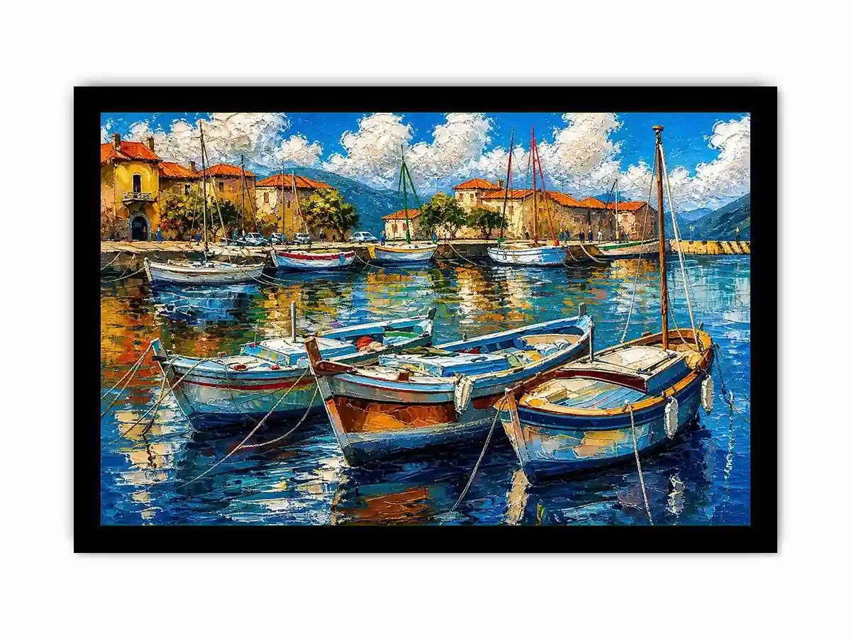 Luxury coastal harbor wall art with colorful fishing boats and soft water reflections in modern impressionist seaside painting style