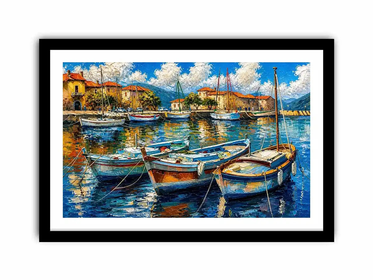 Luxury coastal harbor wall art with colorful fishing boats and soft water reflections in modern impressionist seaside painting style