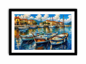 Luxury coastal harbor wall art with colorful fishing boats and soft water reflections in modern impressionist seaside painting style