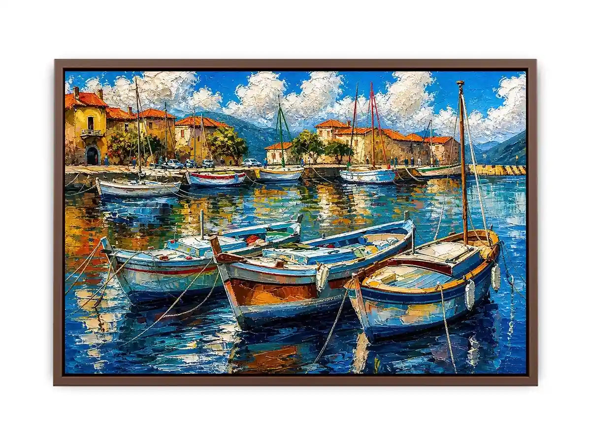 Luxury coastal harbor wall art with colorful fishing boats and soft water reflections in modern impressionist seaside painting style