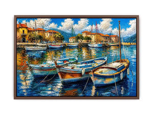 Luxury coastal harbor wall art with colorful fishing boats and soft water reflections in modern impressionist seaside painting style