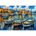 Luxury coastal harbor wall art with colorful fishing boats and soft water reflections in modern impressionist seaside painting style