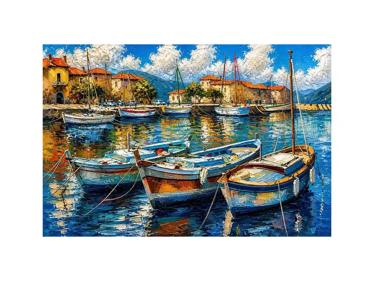 Luxury coastal harbor wall art with colorful fishing boats and soft water reflections in modern impressionist seaside painting style