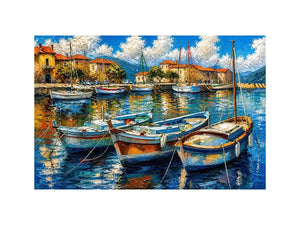 Luxury coastal harbor wall art with colorful fishing boats and soft water reflections in modern impressionist seaside painting style