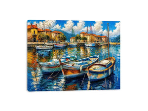 Luxury coastal harbor wall art with colorful fishing boats and soft water reflections in modern impressionist seaside painting style