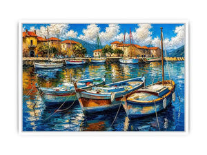 Luxury coastal harbor wall art with colorful fishing boats and soft water reflections in modern impressionist seaside painting style