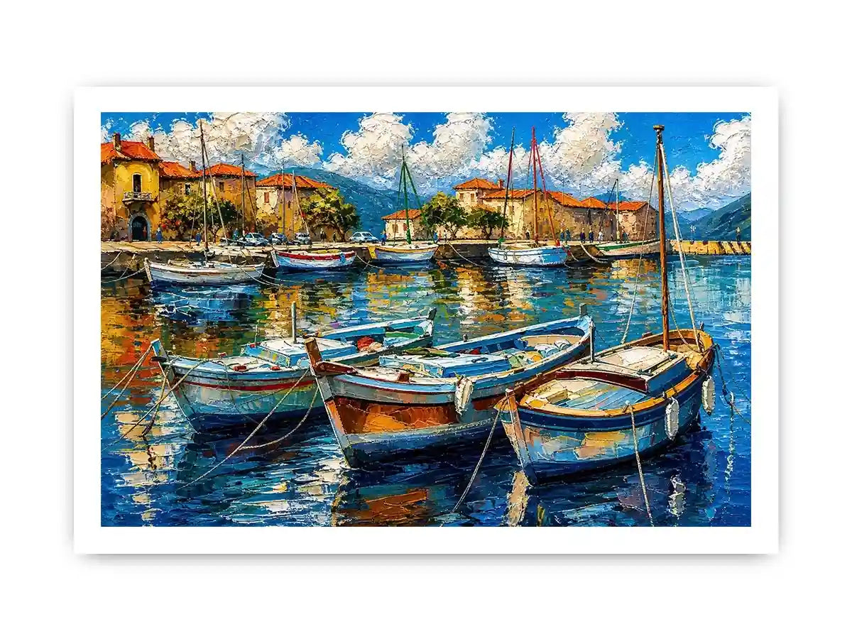 Luxury coastal harbor wall art with colorful fishing boats and soft water reflections in modern impressionist seaside painting style