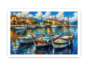 Luxury coastal harbor wall art with colorful fishing boats and soft water reflections in modern impressionist seaside painting style