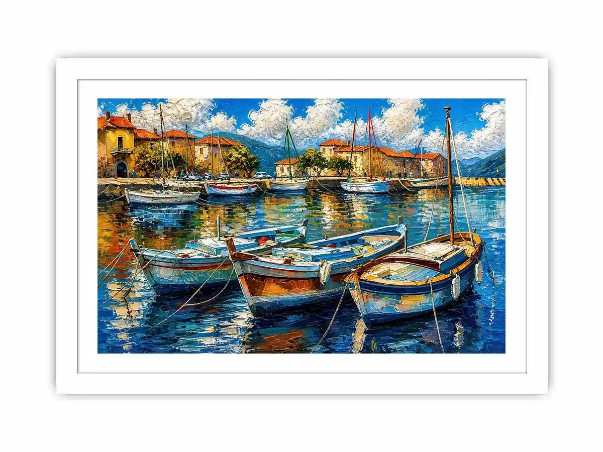 Luxury coastal harbor wall art with colorful fishing boats and soft water reflections in modern impressionist seaside painting style
