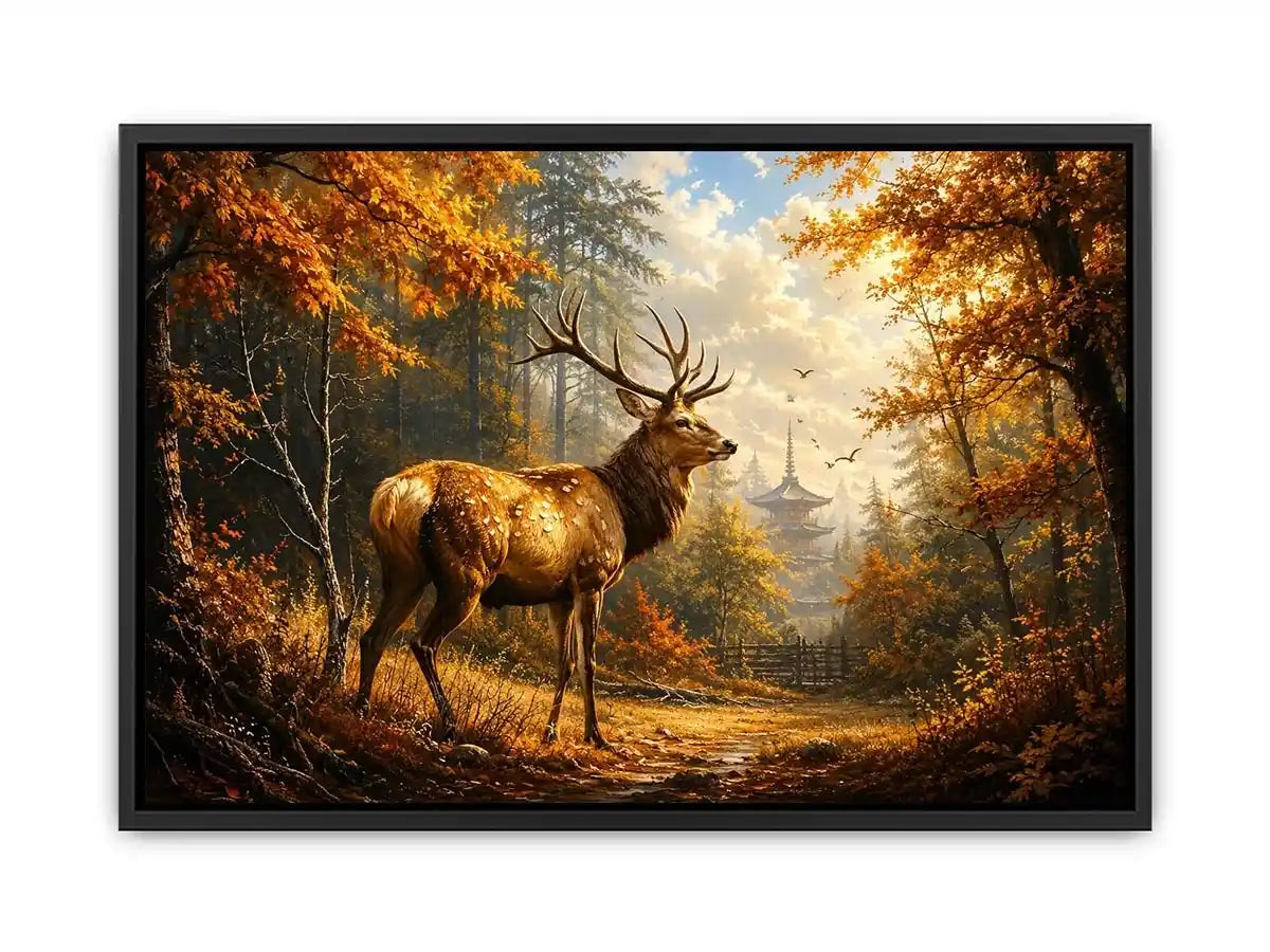 Luxury autumn deer wall art featuring majestic stag in golden woodland forest with warm cinematic landscape painting style
