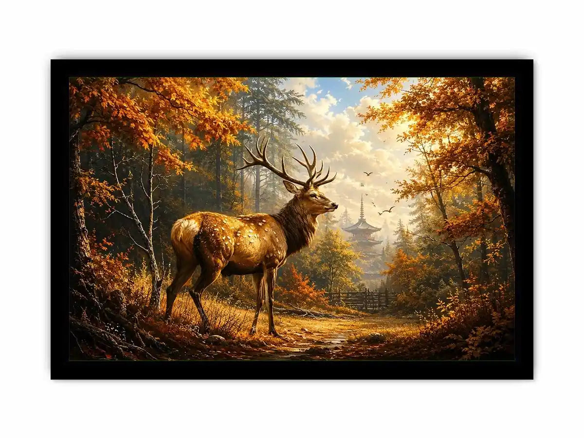 Luxury autumn deer wall art featuring majestic stag in golden woodland forest with warm cinematic landscape painting style