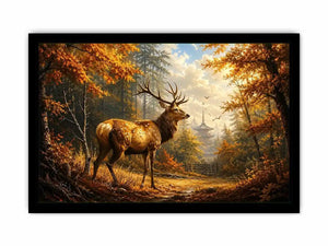 Luxury autumn deer wall art featuring majestic stag in golden woodland forest with warm cinematic landscape painting style