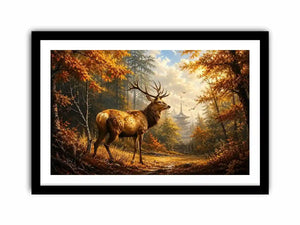 Luxury autumn deer wall art featuring majestic stag in golden woodland forest with warm cinematic landscape painting style