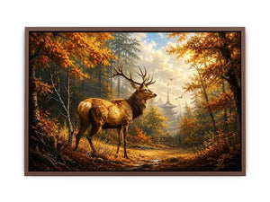 Luxury autumn deer wall art featuring majestic stag in golden woodland forest with warm cinematic landscape painting style