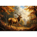Luxury autumn deer wall art featuring majestic stag in golden woodland forest with warm cinematic landscape painting style